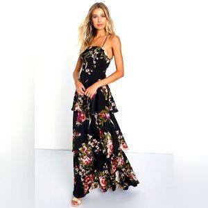 Lulu’s Enchanting Blossom Black Floral Satin Lace-Up Tiered Maxi wedding guest